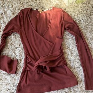 Hem & Thread Rust V-Neck thick knit sturdy tie up cute Blouse